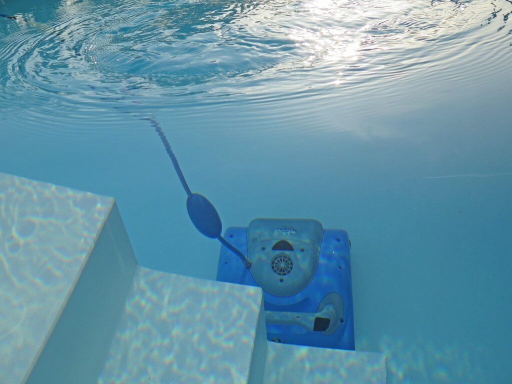 swimming pool, cleaning, nature, robot, blue, stairs, water, waves